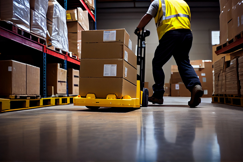 trabajador de empresa en almacén transportando cajas con transpaleta manual.