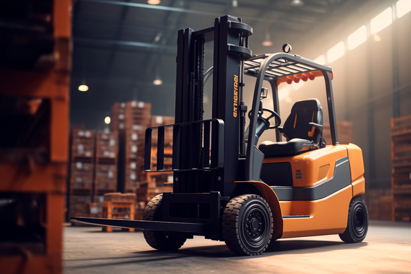 Carretilla elevadora en alamacén parada y sin conductor.